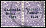 Stamp of Ireland » 1922-23 Thom Three-Line Overprints (T47-T61) 3d bluish violet, used pair, right stamp showing missing