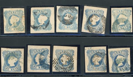 Stamp of Portugal 1855-56 Maria II small used group of ten 25r, all four-margined