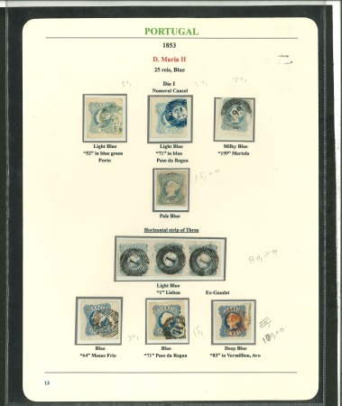 Stamp of Portugal 1853 Maria II 25r type I, album page with used examples incl. 7 singles and a strip of three