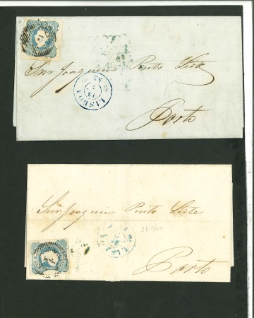 Stamp of Portugal 1853 Maria II 25r type I, two single franking covers in the first month of usage
