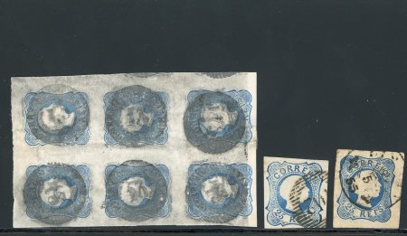 Stamp of Portugal 1855-56 Pedro V 25r (straight hair) type I, small group incl. used vertical block of six