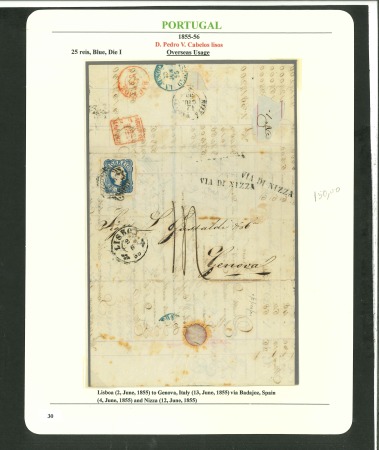 Stamp of Portugal 1855-56 Pedro V 25r (straight hair) type I, group of three covers with single frankings