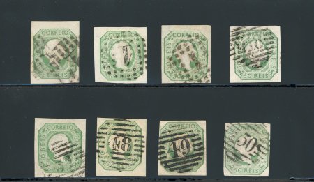 Stamp of Portugal 1855-56 Pedro V (straight hair) 50r used group of 8, all four-margined