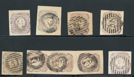 Stamp of Portugal 1855-56 Pedro V (straight hair) 100r, used group incl. five singles and a vertical strip of three