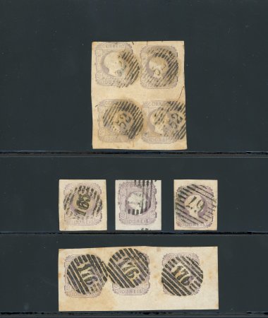 Stamp of Portugal 1855-56 Pedro V (straight hair) 100r used selection incl. block of four, strip of three and three singles