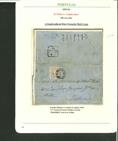Stamp of Portugal 1855-56 Pedro V (straight hair) 100r, close to very god margins, tied to 1857 entire from Funchal to Lisbon