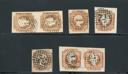 Stamp of Portugal 1856-58 Pedro V (curly hair) 5r type I and II used selection in different shades, incl. die I vertical pair, die II horiz. pair and three singles