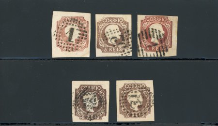 Stamp of Portugal 1856-58 Pedro V (curly hair) 5r type II, used group of five stamps, all four-margined