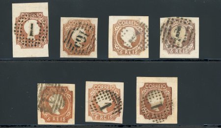 Stamp of Portugal 1856-58 Pedro V (curly hair) 5r types III, IV and V, used group of 7 stamps