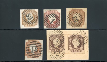 Stamp of Portugal 1856-58 Pedro V (curly hair) 5r types IX, X and XI used selection of four singles and a pair