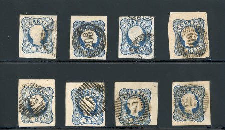 Stamp of Portugal 1856-58 Pedro V (curly hair) 25r blue, fine background, group of 8 used