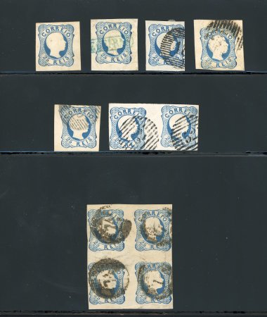 Stamp of Portugal 1856-58 Pedro V (curly hair) 25r blue, group incl. unused, four used singles, a pair and a block of four