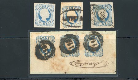 Stamp of Portugal 1856-58 Pedro V (curly hair) 25r blue type II, group incl. mint , two used singles and a strip of three