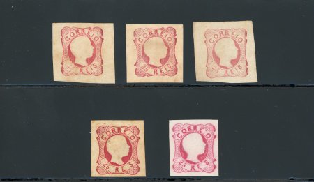 Stamp of Portugal 1856-58 Pedro V (curly hair) 25r carmine group of five unused