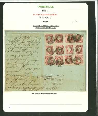 Stamp of Portugal 1856-58 Pedro V (curly hair) 25r carmine die VI group incl. two covers and a judicial document