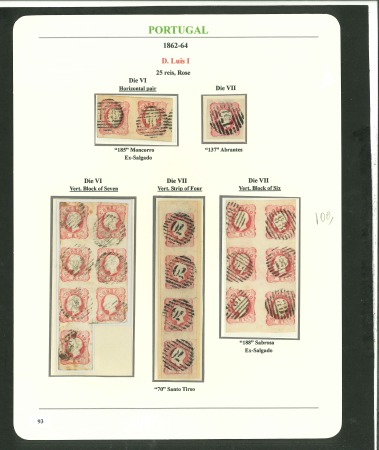 Stamp of Portugal 1862-64 Luis I 25r types VI to VII used selection on an exhibit page incl. multiples