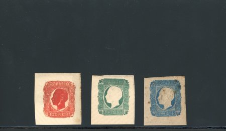 Stamp of Portugal 1862-64 Luis I 100R group of three proofs in red, green and blue