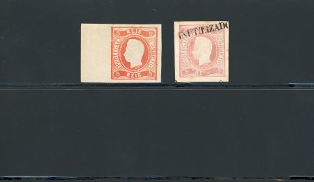 Stamp of Portugal 1866-67 Luis I imperf. curved label 5r proofs, in vermilion-orange and dull rose
