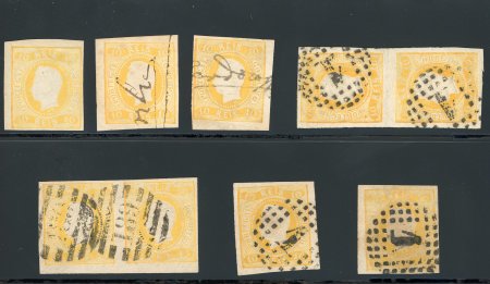 Stamp of Portugal 1866-67 Luis I imperf. curved label 10r, group incl. one unused, two pen-cancelled, two used singles, a vert. pair and horiz. pair