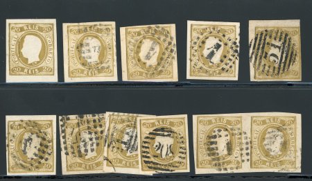 Stamp of Portugal 1866-67 Luis I imperf. curved label 20r group incl. one mint and eight used singles and a pair