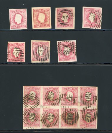 Stamp of Portugal 1866-67 Luis I imperf. curved label 25r group incl. one mint, one unused, five used singles and a used block of 8