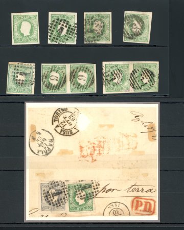 Stamp of Portugal 1866-67 Luis I imperf. curved label 50r group, incl. mint four-margined, four used singles, two used pairs and a large piece with 50r and 100r,