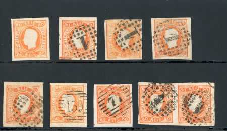 Stamp of Portugal 1866-67 Luis I imperf. curved label 80r group, incl. one unused, six used singles and a pair