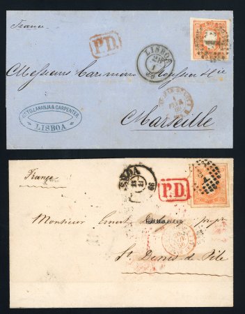 Stamp of Portugal 1866-67 Luis I imperf. curved label 80r, two single franking covers to France