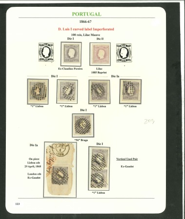 Stamp of Portugal 1866-67 Luis I imperf. curved label 100r group incl. unused, reprint, used (8), plus pair and block of four