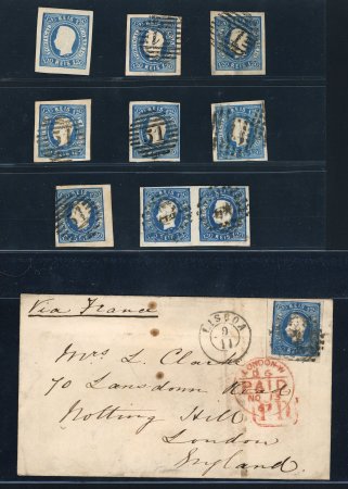 Stamp of Portugal 1866-67 Luis I imperf. curved label 120r group incl. one mint, used with six singles and a pair and a cover