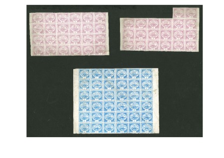 Stamp of St. Lucia 1872 St. Lucia Steam Conveyance stamps group incl. 1d pale blue mint block of 36 and 3d mint blocks of 24 and 20