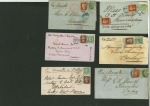 Stamp of Great Britain » 1854-1900 Postal History of the Perforated Line Engraved and Surface Printed Issues 1868-72, group of 8 covers to India, five with 1864-79 1d red with 1867-80 1s frankings plus another with extra 1d for late fee