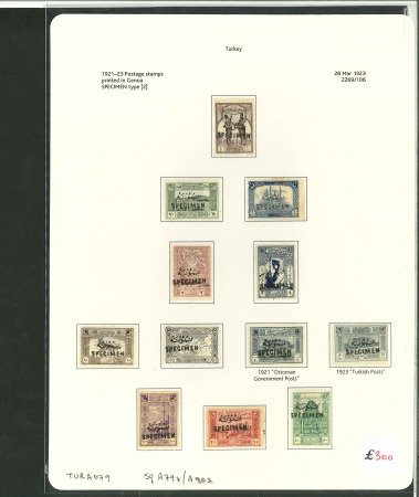 Stamp of Turkey 1921 National Unity set of 11 plus 1923-25 50pi all with bilingual "SPECIMEN" hs