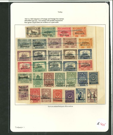 Stamp of Turkey 1921-23 variety of 33 stamps affixed to a post office archive page, each with bilingual "SPECIMEN" hs