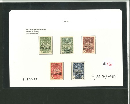 Stamp of Turkey 1922 Postage Due set of five with bilingual "SPECIMEN" hs