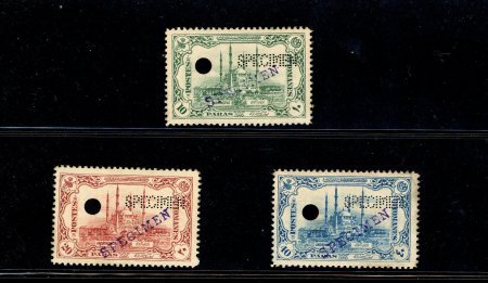 Stamp of Turkey 1913 Recapture of Adrianpole set of 3 with "SPECIMEN" perfin and Bechuanaland archive "SPECIMEN" hs