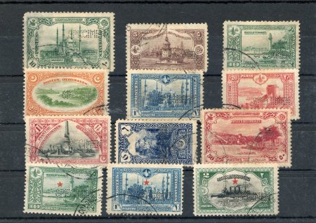 Stamp of Turkey 1913-14 selection of 12 stamps with "SPECIMEN" perfins with additional cancel of the Gabon UPU reference archive collection