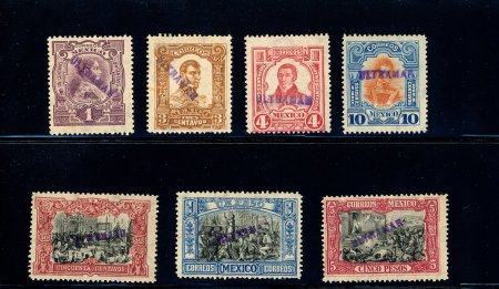 Stamp of Mexico 1910 Independence part set of 7 with 1c, 3c, 4c, 10, 50c, 1p and 5p with "ULTRAMAR" hs