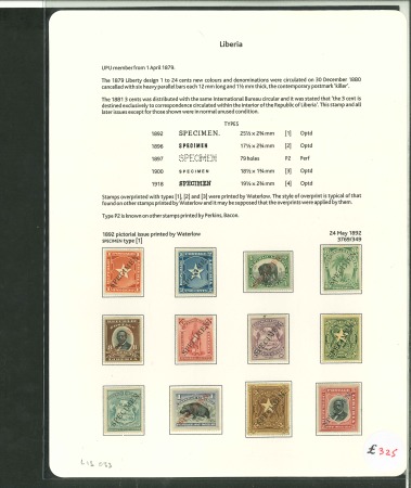 Stamp of Liberia 1892-1918, collection with "SPECIMEN" handstamps