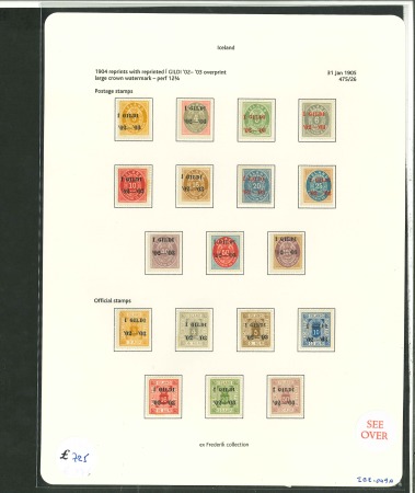 Stamp of Iceland 1902 "1 GILDI" surcharge Bern UPU reprints set of 11 and Officials set of 7