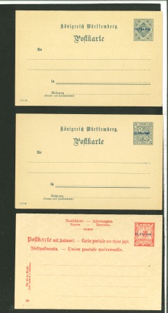 Stamp of German States » German States Collections and Lots 1900 Bavaria 10pf postal stationery card, 1900 Wurttemberg 2pf municipal service card and 2pf official card, all with "ULTRAMAR" hs