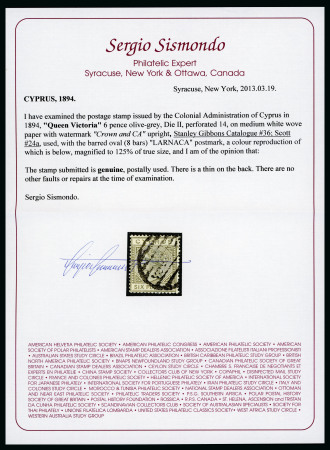 Stamp of Cyprus 1892-94 CA Die II 6pi olive grey, used with clear LARNACA