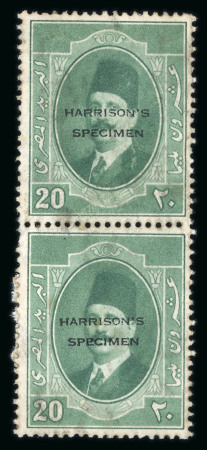 Stamp of Egypt » 1922-1936 King Fouad I Definitives » Issued Stamps 1923-34 King Fouad 1st Portrait Issue: 20m Deep green, issued colour, unused vertical pair showing overprint "HARRISON'S SPECIMEN" Type B in black