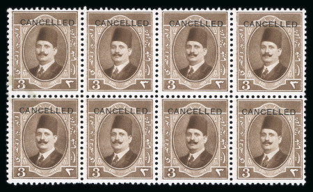 Stamp of Egypt » 1922-1936 King Fouad I Definitives » Issued Stamps 1923-34 King Fouad 1st Portrait Issue: 3m Pale brown, issued colour, unused block of eight overprint "CANCELLED"