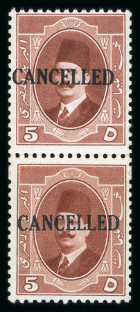 Stamp of Egypt » 1922-1936 King Fouad I Definitives » Issued Stamps 1923-34 King Fouad 1st Portrait Issue: 5m Red-brown, unused vertical pair overprint "CANCELLED"