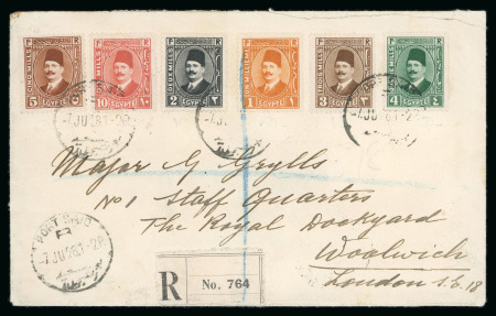 Stamp of Egypt » 1922-1936 King Fouad I Definitives » Issued Stamps 1927-37 King Fouad 2nd Portrait Issue: 2m, 3m and 10m, type I, plus 1m, 4m and 5m, type II, all neatly tied by Port Said cds on registered cover