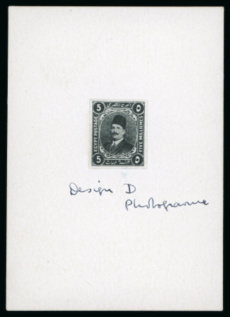 Stamp of Egypt » 1922-1936 King Fouad I Definitives » Essays 1922 Essays of Harrison & Sons: 5m black, essay affixed on card with manuscript 'Design D Photogravure'