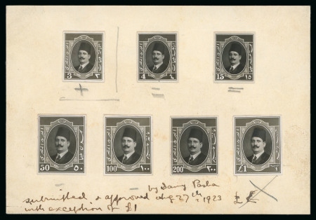 Stamp of Egypt » 1922-1936 King Fouad I Definitives » Essays 1922 Essays of Harrison & Sons: 3m, 4m, 15m, 50m, 100m, 200, and £E1, set of seven photographic proofs