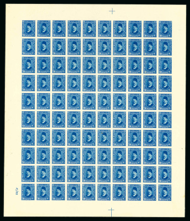 Stamp of Egypt » 1922-1936 King Fouad I Definitives » Issued Stamps 1927-37 King Fouad 2nd Portrait Issue: 20m Blue, type II, Royal Cancelled on reverse, complete sheet of 100