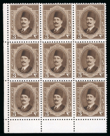 Stamp of Egypt » 1922-1936 King Fouad I Definitives » Issued Stamps 1923-24 King Fouad 1st Portrait Issue: 3m Pale brown, mint control block of nine, showing control number missing error